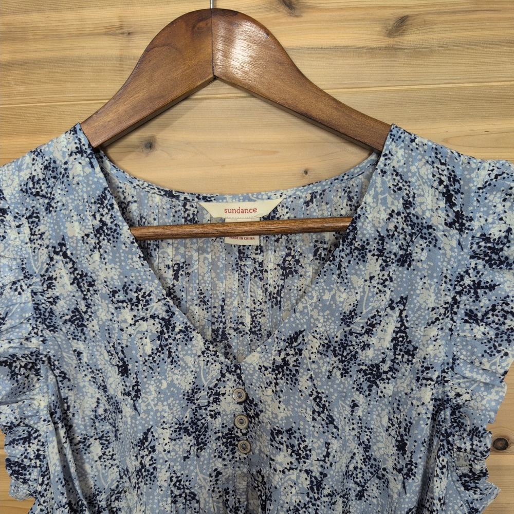 Sundance Blue White Floral 100% Silk Ruffle Cap Sleeve Tie Waist Blouse Medium - Picture 3 of 10